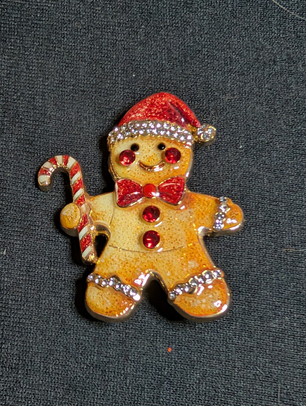Holiday Gingerbread Man Brooch with Red Hat and Candy Cane